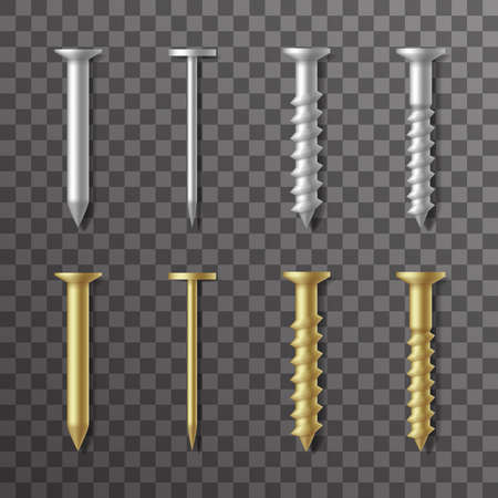 Nails and screws stainless steel and brass repair elements fixing set design vector illustrationのイラスト素材