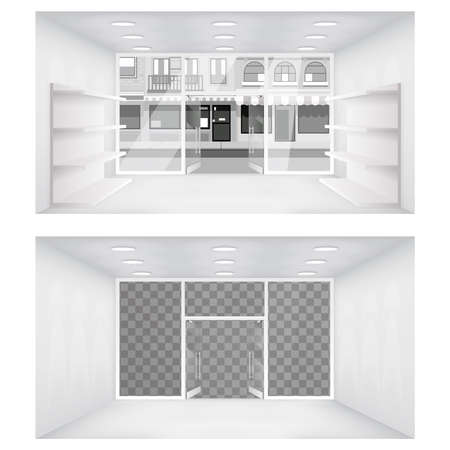 Transparent city street open doors store interior 3d shop empty shelves space background vector illustrationのイラスト素材