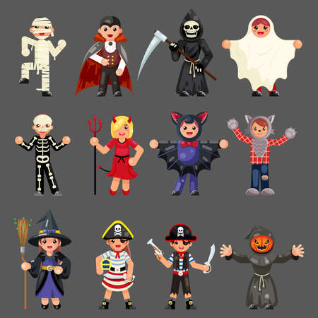 Halloween masquerade children costume party kids characters icons set flat design vector illustrationのイラスト素材