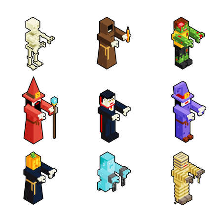 Isometric halloween monsters icons set flat design 3d vector illustrationのイラスト素材
