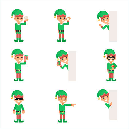 Christmas elf santa claus helper in different poses and actions characters icons set flat design vector illustrationのイラスト素材