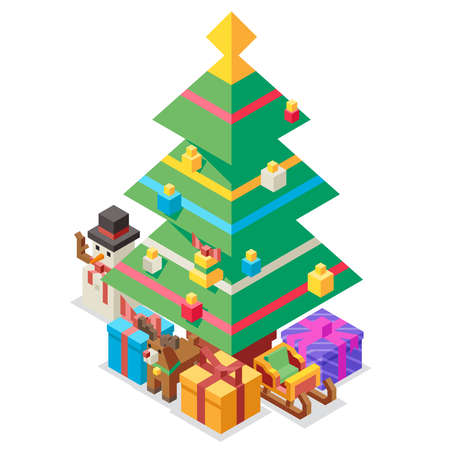 New year isometric christmas tree gift box flat design vector illustrationのイラスト素材