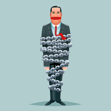 Imprisoned chained businessman constrained chain fettered limited cartoon character design vector illustrationのイラスト素材