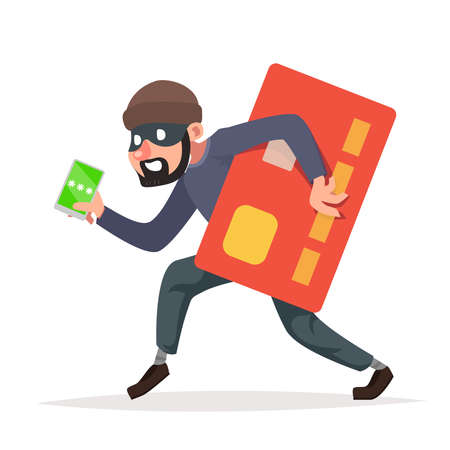 Phone credit card data steal thief escape internet character cartoon retro design vector illustrationのイラスト素材
