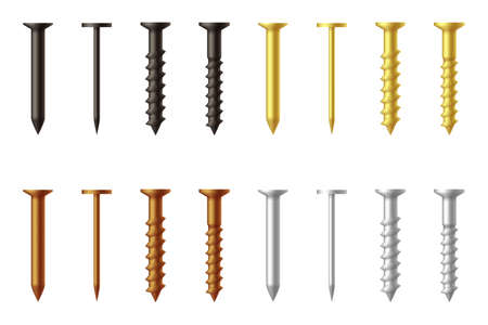 Silver bronze black golden nails and screws stainless steel and brass repair fixing elements set design vector illustrationのイラスト素材