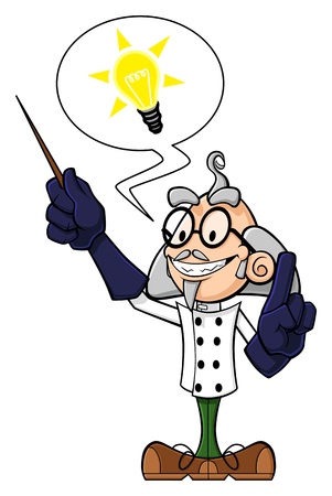 Illustration of a strange scientist explaining his brilliant idea. The scientist has a rod in his hand and in the balloon there is a switched light bulb, symbol of a bright idea.のイラスト素材