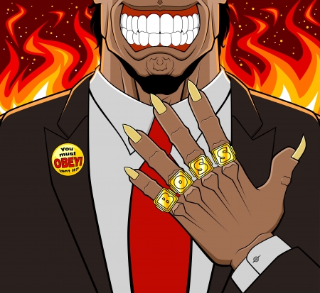 Conceptual illustration of evil boss  He has a devilish aspect and shows his golden rings  every ring has a letter to compose the word boss  Lapel badge with maxim on the jacket  Flaming background のイラスト素材