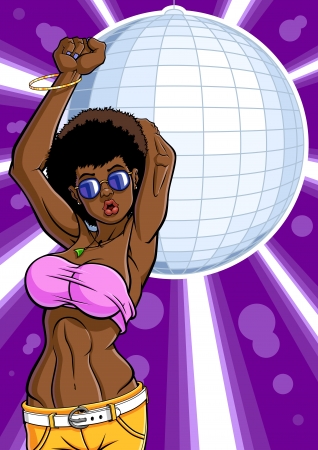 Illustration of attractive girl dancing in a discotheque  On the background there is a disco ball  70s style  のイラスト素材