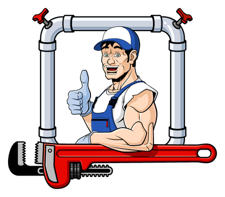 Conceptual illustration of a friendly plumber  He is leaning on a big pipe wrench and giving a thumbs up  Isolated on white background のイラスト素材