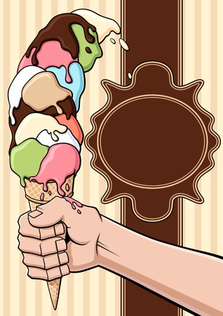 Illustration of a very high ice cream with different flavors  Background with label のイラスト素材
