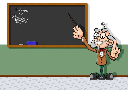 Illustration of cartoon teacher at chalkboard  The teacher points the empty chalkboard with a rod, explaining his  your  lesson のイラスト素材