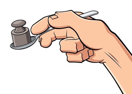 Conceptual illustration about hard digestion. A hand holds a spoon with a weight, symbol of heavy food and stomach ache.のイラスト素材