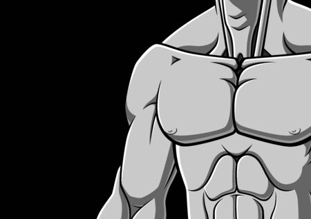 Illustration of muscular male chest on black background. Grayscale illustration with space for your text.のイラスト素材