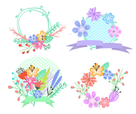 Set of vector flower frames and labelsのイラスト素材