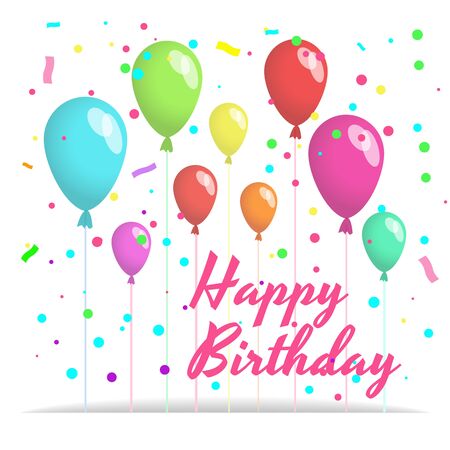 Colorful Happy Birthday card with balloons and confetti.のイラスト素材