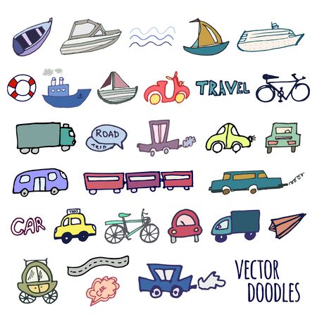 Hand-drawn doodle style cars, ships and bicycle vector backgroundのイラスト素材