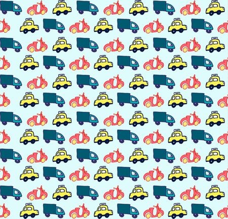 Hand drawn doodle style colorful cars seamless pattern vector backgroundのイラスト素材