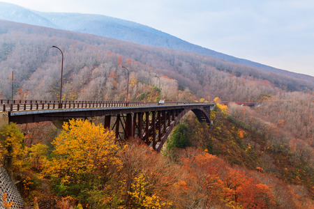 View Jogakura bridge and colorful mountain  in Autumn season, Aomori, Japan
