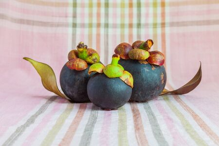 Close up of fresh black Mangosteen, Thai tropical fruitsの写真素材