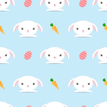 Seamless cute rabbit pattern with easter egg and carrot on blue background, pastel colorの写真素材