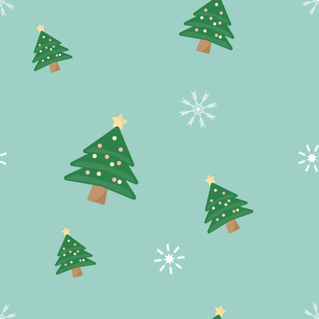 Seamless cute pattern with christmas tree and snowflake on green background.の写真素材