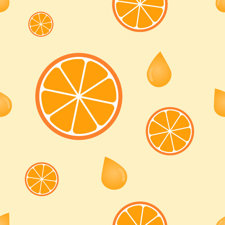 Seamless cute pattern with slice orange and juice on orange background, retro styleの写真素材