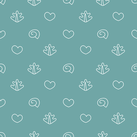 Seamless cute pattern with Maple, Heart and spiral shape on green background.の写真素材