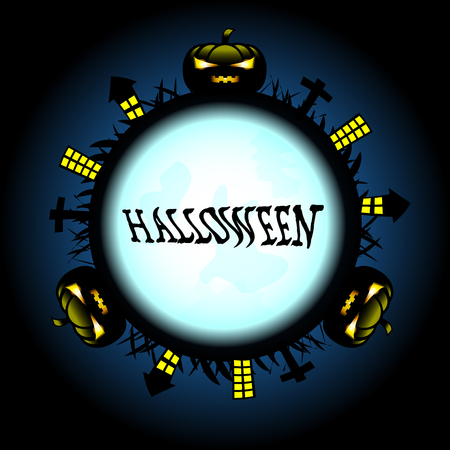 Halloween pumpkins, castle and cross on blue Moon, Halloween conceptの写真素材