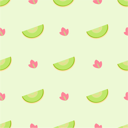 Seamless cute pattern with melon(Cantaloupe) on green background, pastel colorの写真素材