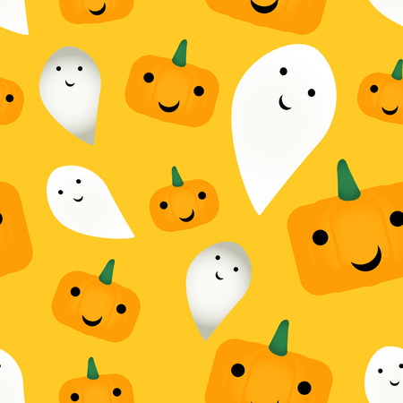 Seamless cute pattern with pumpkin and ghost on yellow background. Halloween concept.の写真素材