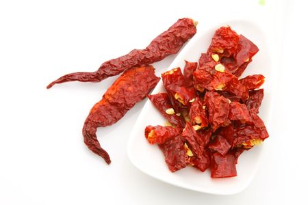   Red pepper flakes with chillies in wooden spoon