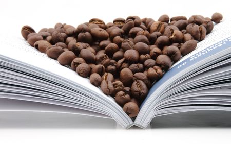Coffee seeds on bookの写真素材