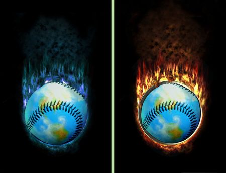 baseball world burning with ice and fire flames, e.g. as buttonの写真素材