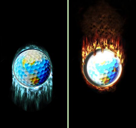Golf ball flying with icicles and fire flames, e.g. as buttonの写真素材