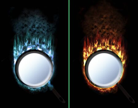 two pans with fire and ice flamesの写真素材