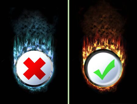 Frozen unchecked button and hot checked button on black backgroundの写真素材
