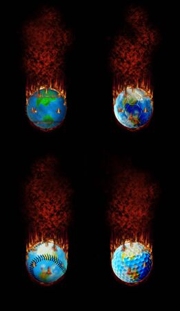 Burning soccer, tennis, golf and baseball globe ballsの写真素材