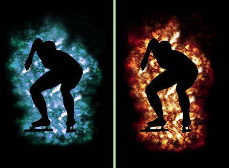 speed skater contour surrounded by ice and fire, e.g. as buttonの写真素材