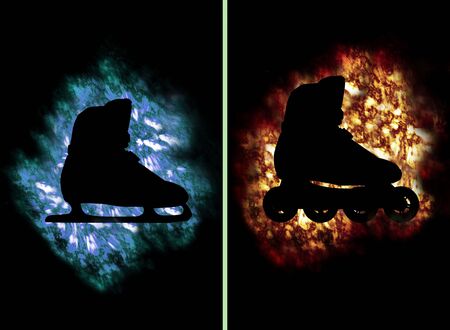 Skate and roller-skate shoe on ice and fire for summer and winterの写真素材