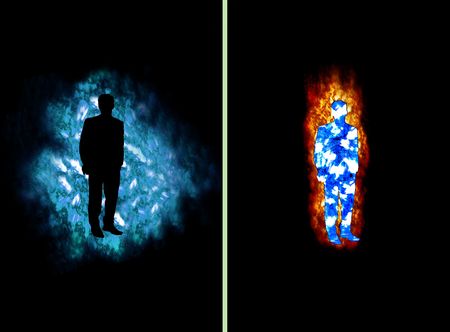 Burning business man cut out of an ice cloudの写真素材