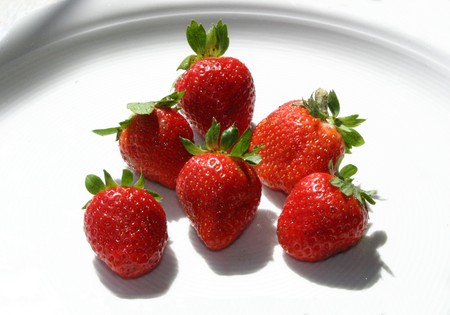 Six isolated red strawberries on white dishの写真素材