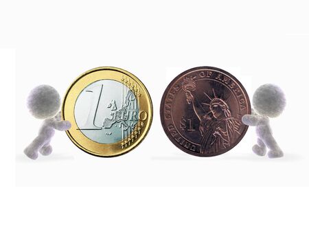 Abstract 3D cartoon with two plush persons rolling a dollar and euro coinの写真素材