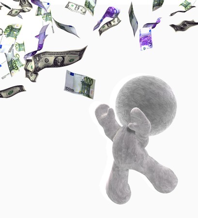 abstract 3D cartoon of a soft toy man trying to catch a bank noteの写真素材