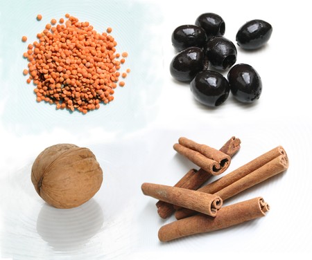 Isolated food ingredients - Lenses Olives Walnut Cinnamonの写真素材