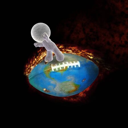 abstract cartoon of a soft toy man flying on a burning footballの写真素材