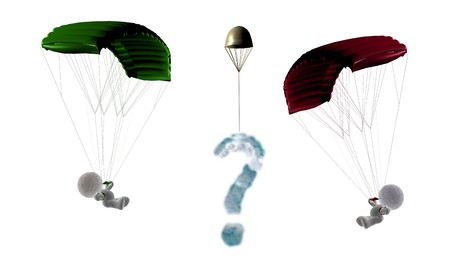 Sky meeting of two soft toy parachuters flying against each otherの写真素材