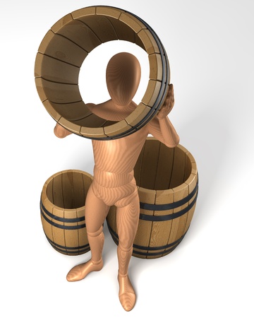 Man looking through barrel cask hole, 3d rendering on white backgroundの写真素材