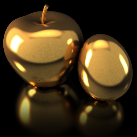 Apple and egg, antique gold, on black backgroundの写真素材