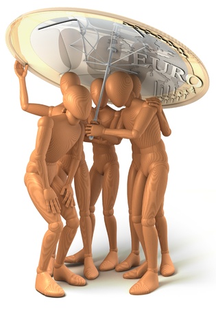 Group of people under umbrella made of euro coinの写真素材