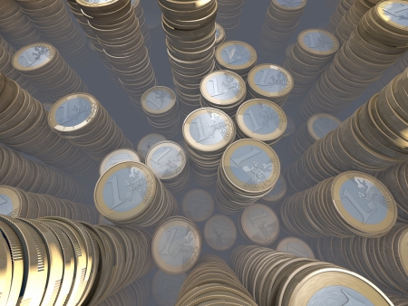 Room full of euro coin piles, money hoard, wide-angleの写真素材